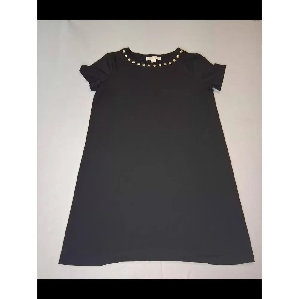Michael Kors Little Black Dress Srudded Neck Women's Short Sleeve Sz M Classic